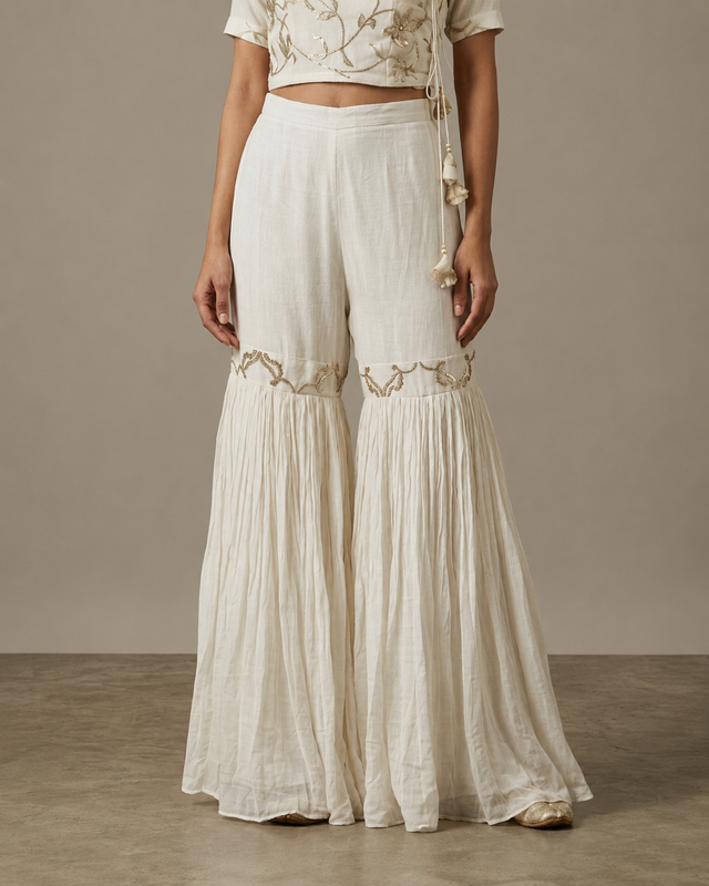 IHSAR White Sharara Pants in Off-White – sharara with gold sequin embroidery