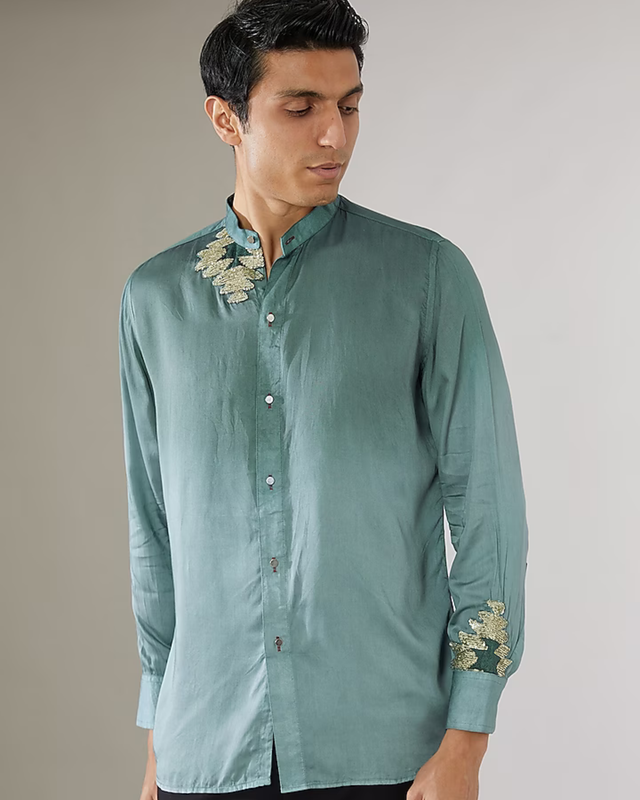 IHSAR Steel Blue Ombre Mandarin Collar Shirt in Steel Blue – shirt with gold sequin embroidery