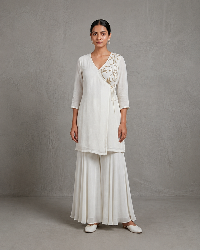 IHSAR Angrakha Sequins Wrap Kurta in Off-White – kurta with gold sequin embroidery