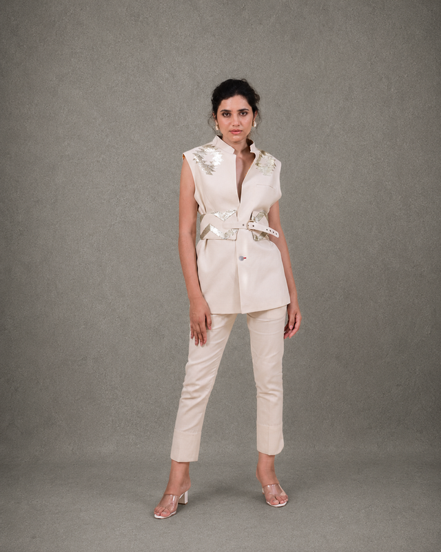 IHSAR Off-White Sleeveless Pant Suit in Off-White – pant suit with gold sequin embroidery
