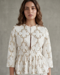 IHSAR Off-White Peplum Jacket in Off-White – jacket with gold sequin embroidery