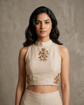 IHSAR Off-White Tank-Top Style Blouse in Off-White – blouse with gold sequin embroidery