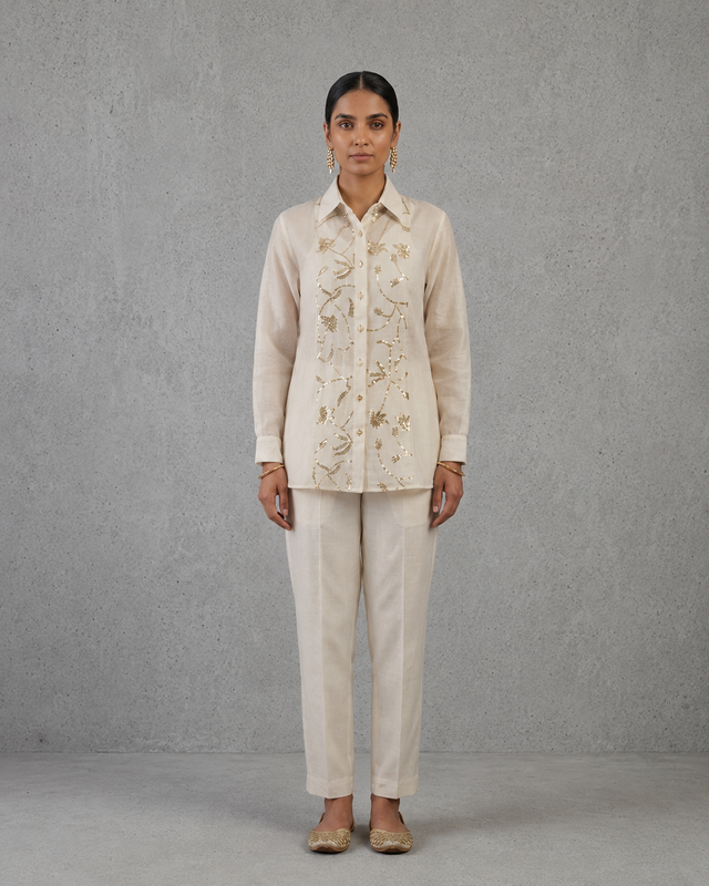 IHSAR Off-White Sheer Front Sequins Shirt in Off-White – shirt with gold sequin embroidery