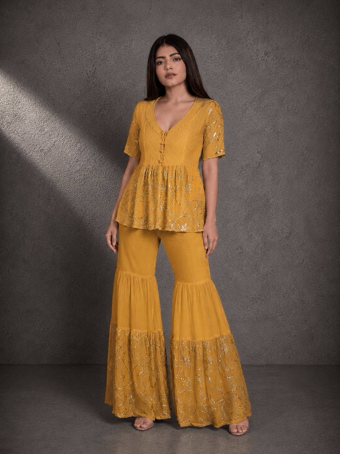 Mustard Yellow Sequin Embroidered Peplum Top with Sharara Pants Set