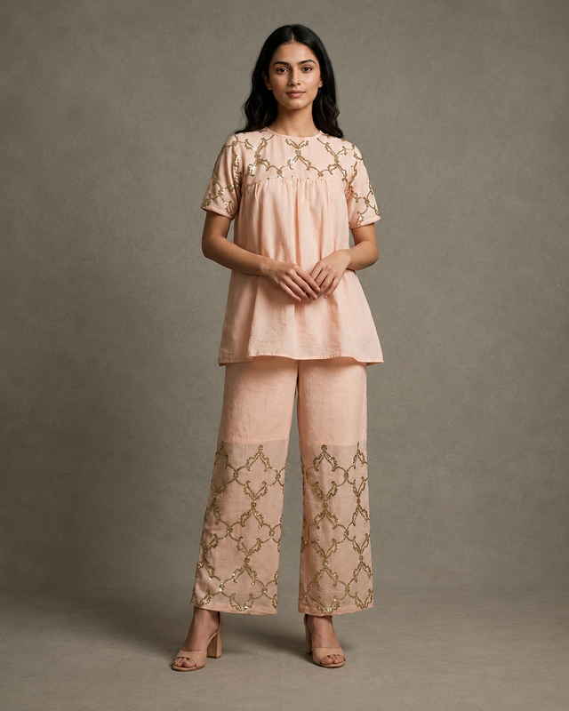 IHSAR Baby Pink Co-ord Set in Baby Pink – co-ord set with gold sequin embroidery