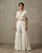IHSAR White Angrakha Crop Top and Sharara Pant Set in Off-White – co-ord set with gold sequin embroidery