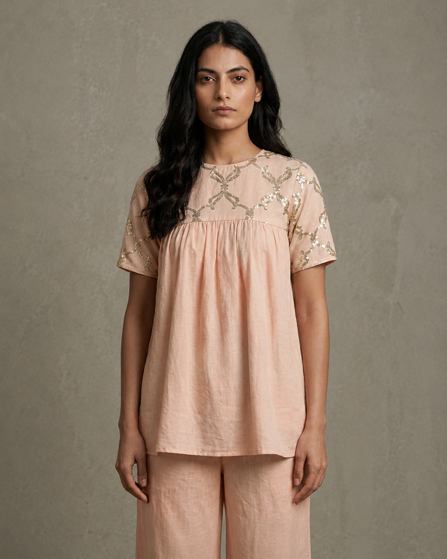 IHSAR Baby Pink Sequins Top in Baby Pink – top with gold sequin embroidery