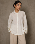 IHSAR Off-White Sheer Sleeve Sequins Shirt in Off-White – shirt with gold sequin embroidery
