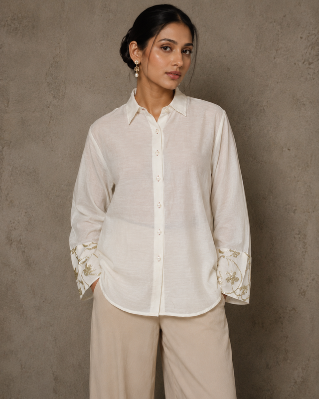 IHSAR Off-White Sheer Sleeve Sequins Shirt in Off-White – shirt with gold sequin embroidery