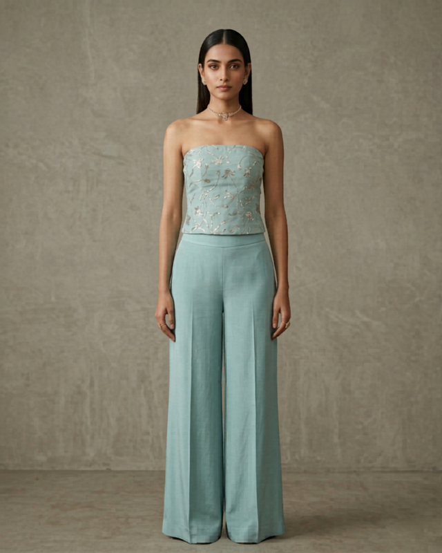 IHSAR Blue Bell Bottoms in Blue – bell bottoms with gold sequin embroidery