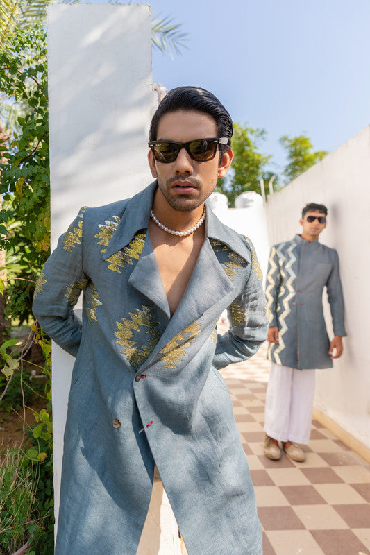 IHSAR Slate Blue Asymmetric Coat in Slate Blue – coat with gold sequin embroidery