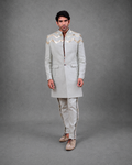 IHSAR Asymmetrical Blazer & Trouser Set in Powder Blue – co-ord set with gold sequin embroidery