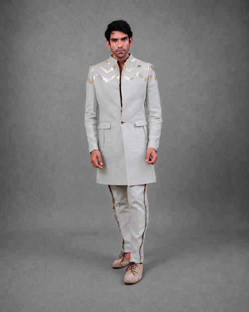 IHSAR Asymmetrical Blazer & Trouser Set in Powder Blue – co-ord set with gold sequin embroidery