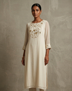 IHSAR Off-White Long Kurta in Off-White – kurta with gold sequin embroidery