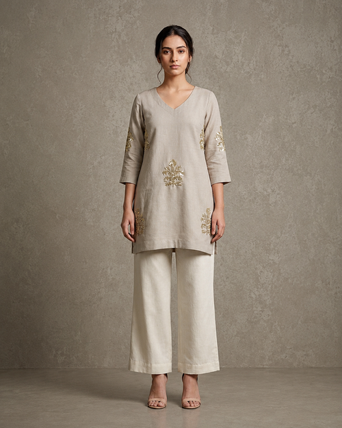 IHSAR Grey Sequins Short Kurti in Grey – kurti with gold sequin embroidery