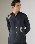 IHSAR Charcoal Black Sequins Mandarin Collar Shirt in Charcoal Black – shirt with gold sequin embroidery