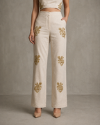 IHSAR Straight Off-White Pants in Beige – pants with gold sequin embroidery