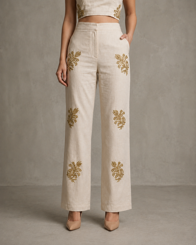 IHSAR Straight Off-White Pants in Beige – pants with gold sequin embroidery