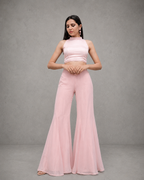 IHSAR Baby Pink Crop Top and Flared Sharara Pant Set in Baby Pink – co-ord set with gold sequin embroidery