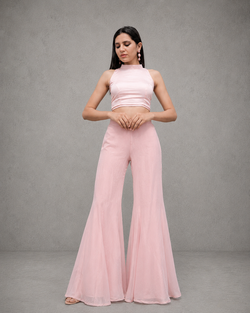IHSAR Baby Pink Crop Top and Flared Sharara Pant Set in Baby Pink – co-ord set with gold sequin embroidery
