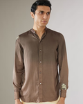 IHSAR Taupe Sequins Mandarin Collar Shirt in Taupe – shirt with gold sequin embroidery