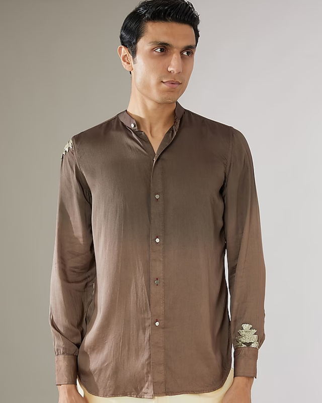 IHSAR Taupe Sequins Mandarin Collar Shirt in Taupe – shirt with gold sequin embroidery