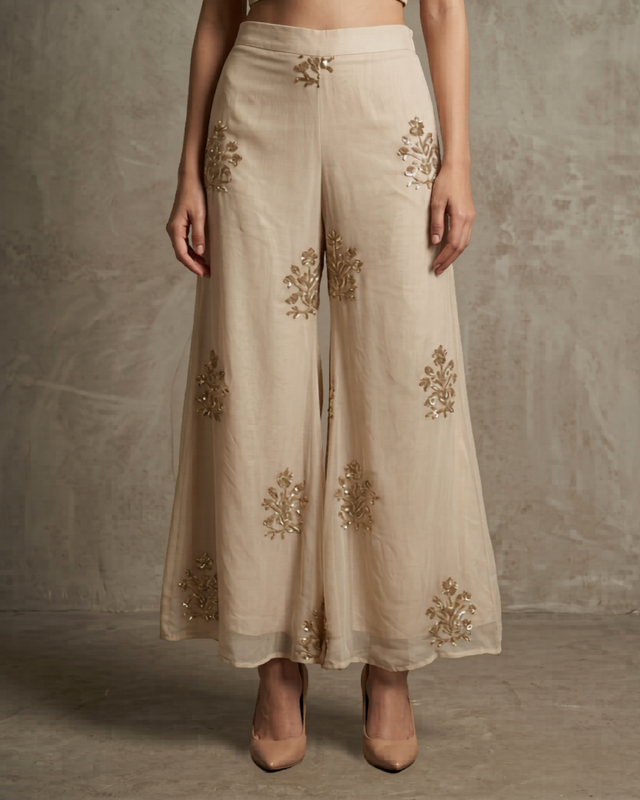 IHSAR Flared Off-White Pants in Beige – pants with gold sequin embroidery