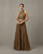 IHSAR Mehendi Brown Garara Set in Mehendi Brown – garara set with gold sequin embroidery