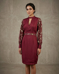 IHSAR Wine Knee-Length Dress in Wine – dress with gold sequin embroidery