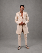IHSAR Off-White Long Coat in Off-White – coat with gold sequin embroidery