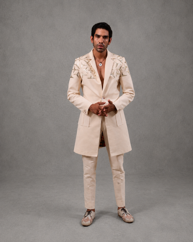 IHSAR Off-White Long Coat in Off-White – coat with gold sequin embroidery