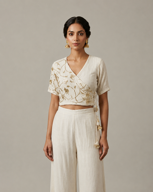 IHSAR Angrakha Sequins Crop Blouse in Off-White – blouse with gold sequin embroidery