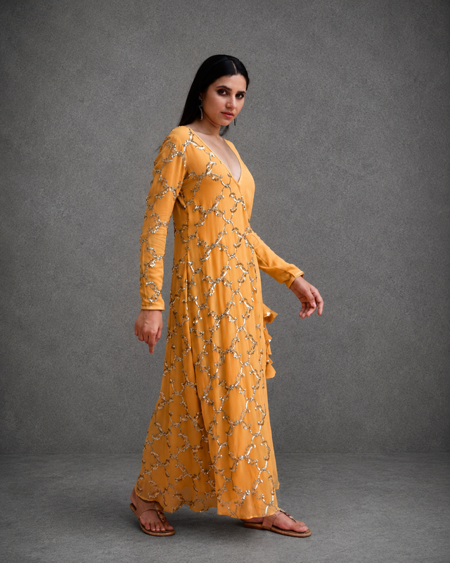 IHSAR Mustard Wrap Dress in Mustard – side view