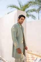 IHSAR Powder Blue Achkan Sherwani Jacket in Powder Blue – side view