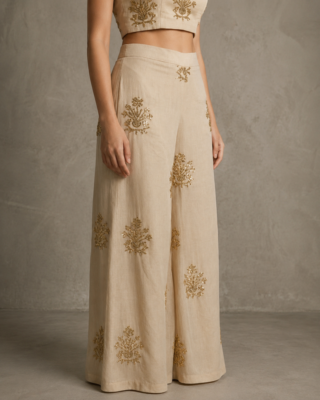IHSAR Flared Off White Pants in Beige – side view