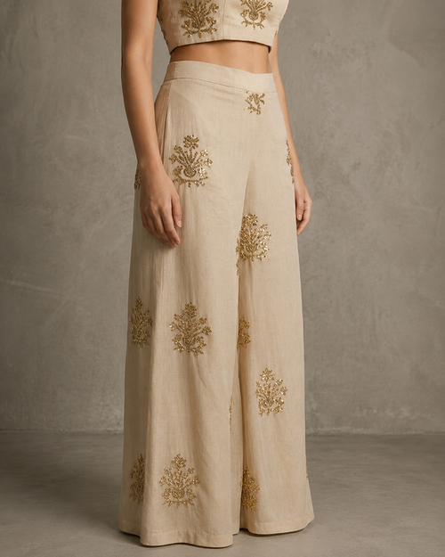 IHSAR Flared Off White Pants in Beige – side view