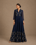Navy Blue Sequin Embroidered Yok Anarkali Gown with Sheer Sleeves