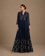 Navy Blue Sequin Embroidered Yok Anarkali Gown with Sheer Sleeves