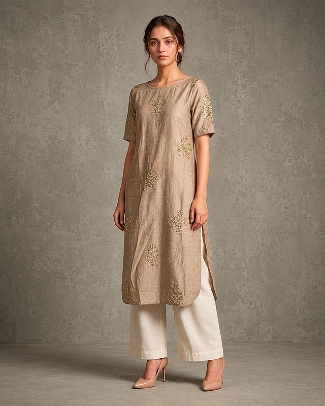 IHSAR Taupe Brown Sequins Long Kurta in Taupe Brown – side view