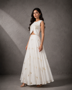 White Sequin Embroidered Crop Top with Flared Skirt Set