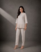 Grey Embroidered Peplum Top with Straight Pants Set