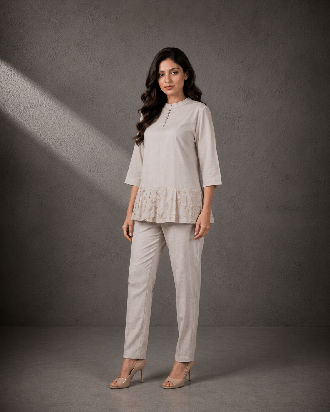 Grey Embroidered Peplum Top with Straight Pants Set