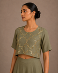 Olive Green Sequin Embroidered Round Neck Crop Top