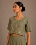 Olive Green Sequin Embroidered Round Neck Crop Top