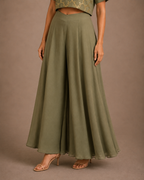 Olive Green High-Waist Flared Palazzo Pants