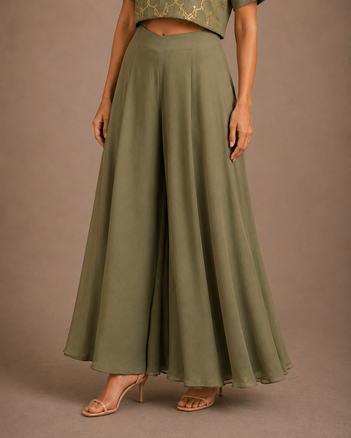 Olive Green High-Waist Flared Palazzo Pants