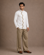 White Shirt With Zigzag Sequins Embroidery Placket With Mandarin Collar
