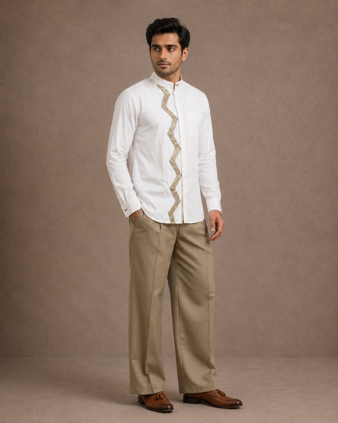 White Shirt With Zigzag Sequins Embroidery Placket With Mandarin Collar