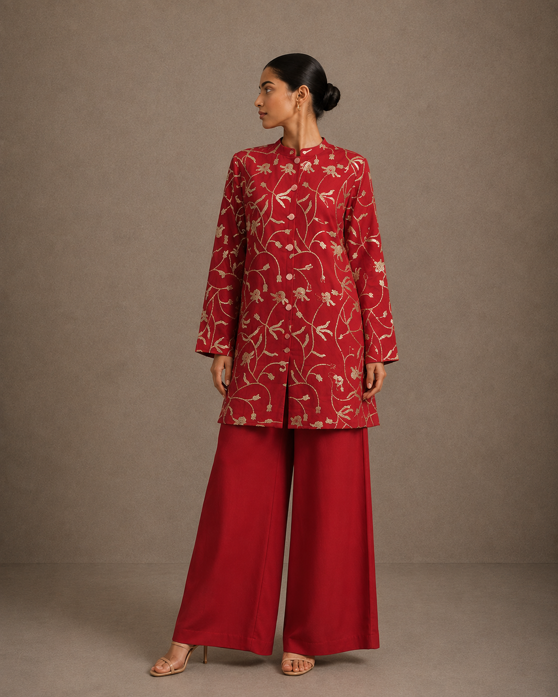 Red Floral Embroidered Long Shirt with Palazzo Pants Co-ord Set