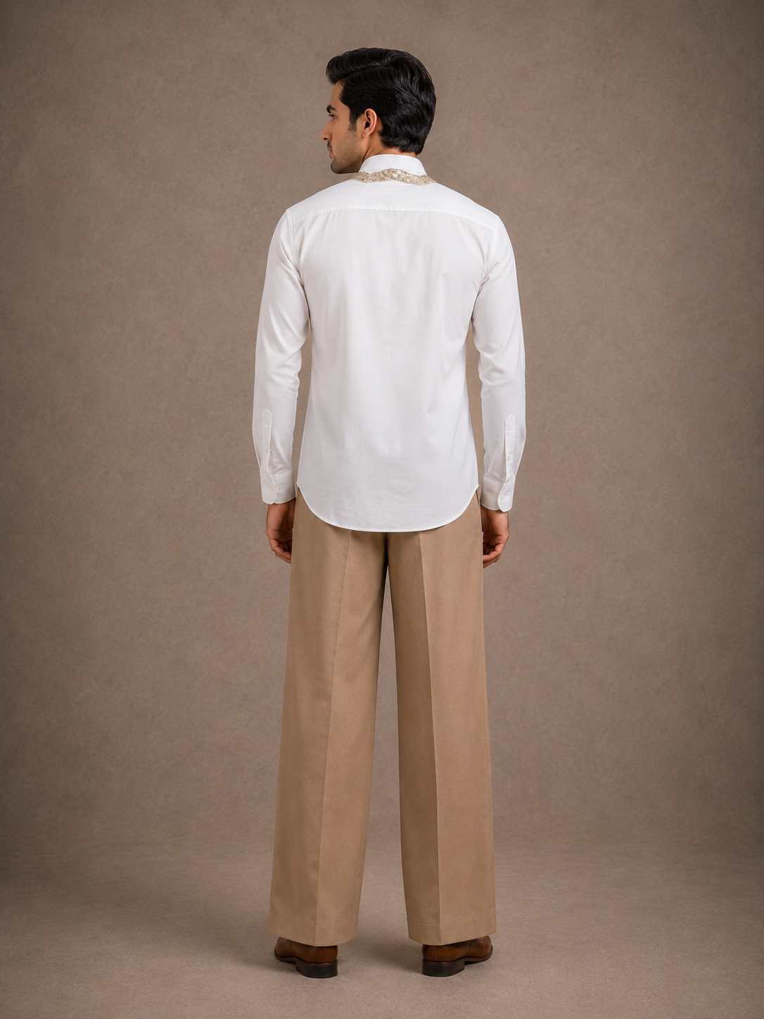 White Shirt with Embroidered Mandarin Collar